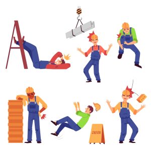 Different cartoon icons showing construction accidents, such as a trip and fall.