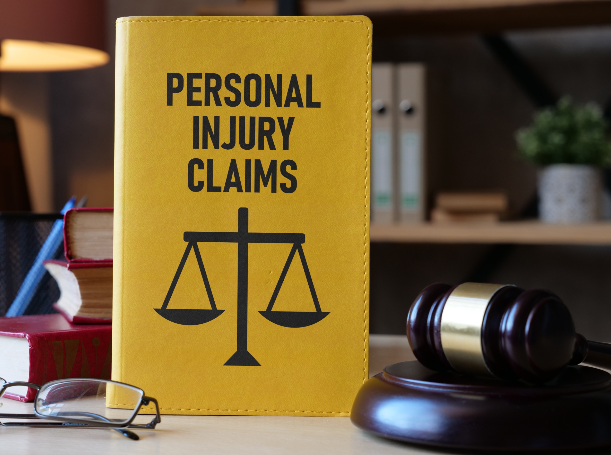 A Yellow Sign With Personal Injury Claims And Scales On It. 