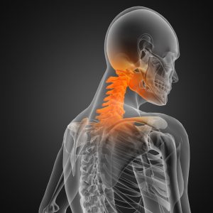 A digital concept of a human skeleton with the spine radiating pain