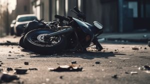 A crashed motorcycle laying on it's side in the middle of the road.