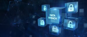Floating blue cubes with lock icons and the words data breach in the middle