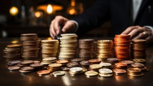 A person sat behind stacks of coins of various heights.
