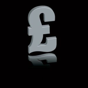 A silver British pound sign with a black background to represent historical abuse compensation. 
