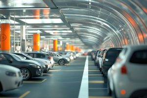 A private car park with many parked cars 