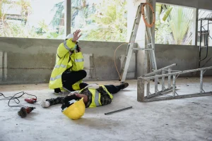 A construction worker calling for help after insufficient training led to an accident