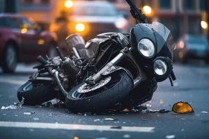 A crushed motorcycle on the road after an accident caused by another road user