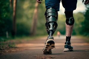 A man using specialist equipment to walk after an amputation 