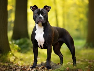 Muscular brown and white pit bull in a wooded area. 