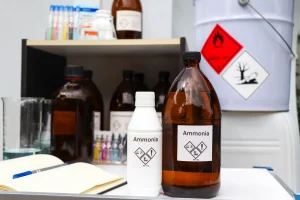 An image shows various hazardous chemicals.
