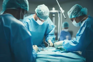 A surgical team wearing blue scrubs operating on a patient.