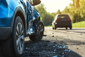 A very damaged blue car on the side of the road surrounded by broken glass on the ground.