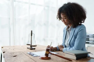 A solicitor writing down notes for a client on how to claim compensation whilst sat at a desk next to a gavel and bronze scales.