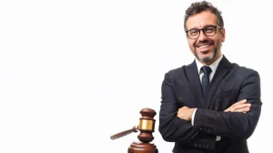 A smiling fall from height lawyer with his arms crossed standing next to a gavel on a white background. 