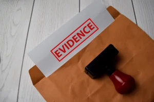 File with an evidence report inside of it and an evidence stamp. 